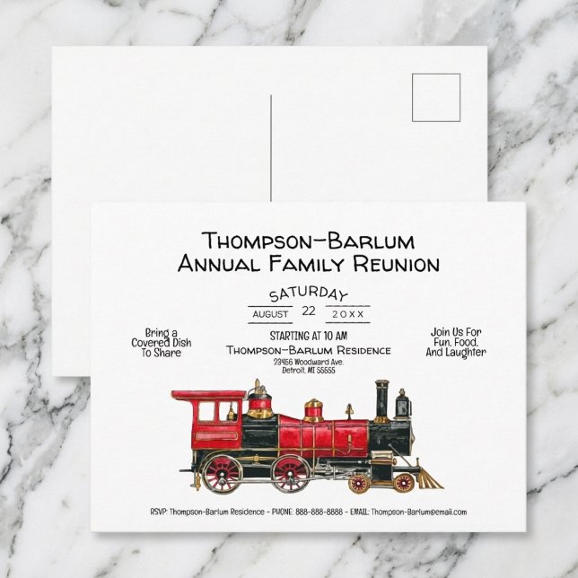 Invitation au Train Rouge pour une Réunion de Fami (Family Reunion Red Train Invitation Postcard)
