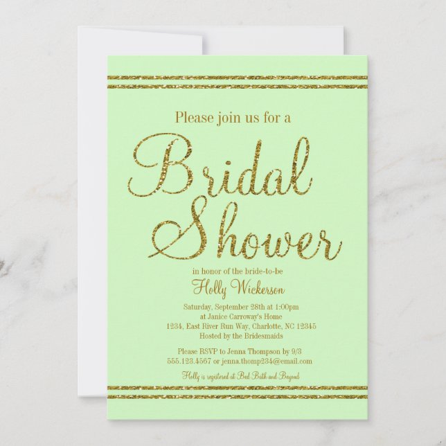 Invitation au Wedding shower de mariage vert et or (Devant)