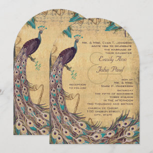 Invitation Aubergine Aqua Paon Vintage 3 Plumes