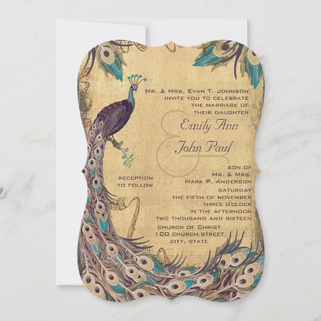Invitation Aubergine Aqua Paon Vintage 3 Plumes (Devant)