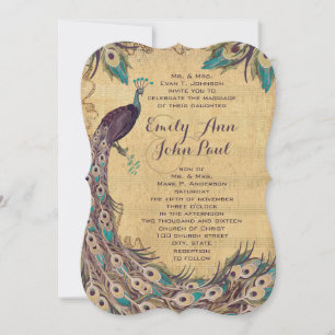 Invitation Aubergine Aqua Paon Vintage 3 Plumes