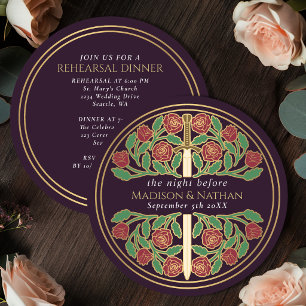 Invitation Aubergine Or Floral Épée Répétition de Mariage