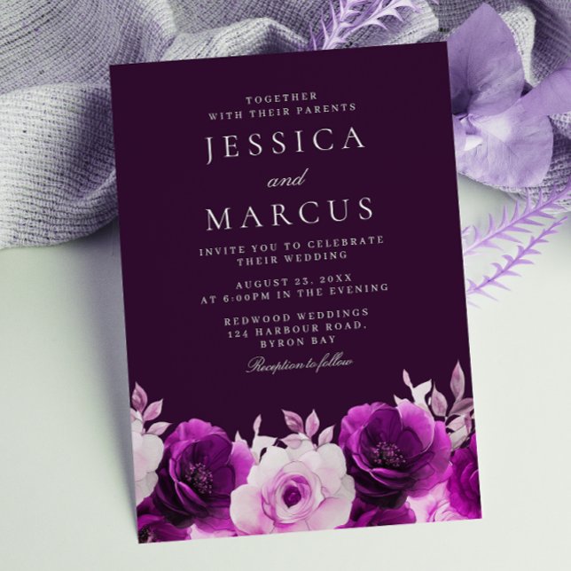 Invitation Aubergine pourpre, Indigo, Mariage Rose Lilac (Créateur téléchargé)