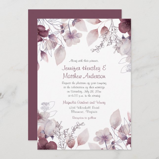 Invitation Aubergine, Purple Dusty, Floral Rose Mauve (Devant / Derrière)