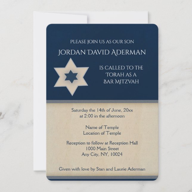 Invitation audacieuse bleu marine et tan Bar Mitzv (Devant)