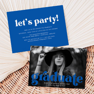 Invitation Audacieuse Typographie Bleue Photo Party Graduatio