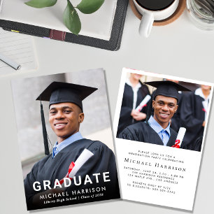 Invitation Audacieuse White Typographie Photo Graduation Part