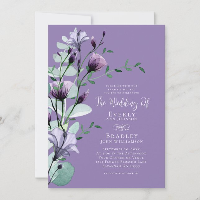 Invitation Audacieux Dusty Purple Aquarelle Florale Boho Mari (Devant)