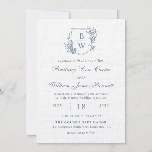 Invitation [AURORA] Mariage de monogramme de crête bleue Vint (Devant)