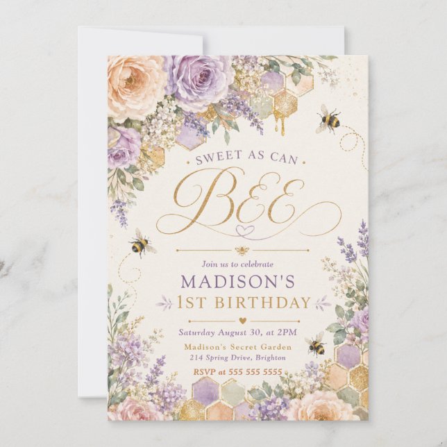 Invitation Aussi doux qu'une abeille pour un premier annivers (Devant)
