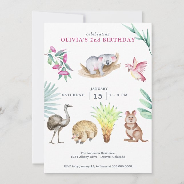 Invitation Australie Zoo animal anniversaire (Devant)