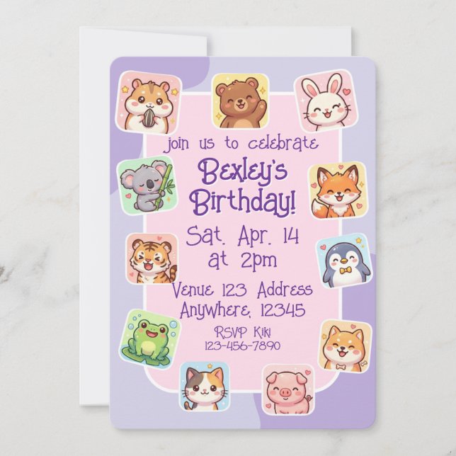 Invitation Autocollant d'animal Kawaii Rose Violet Anniversai (Devant)