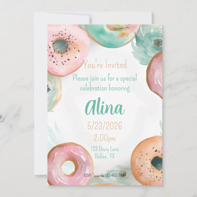 Invitation Autocollant Donut Rose Aquarelle Douce (Devant)
