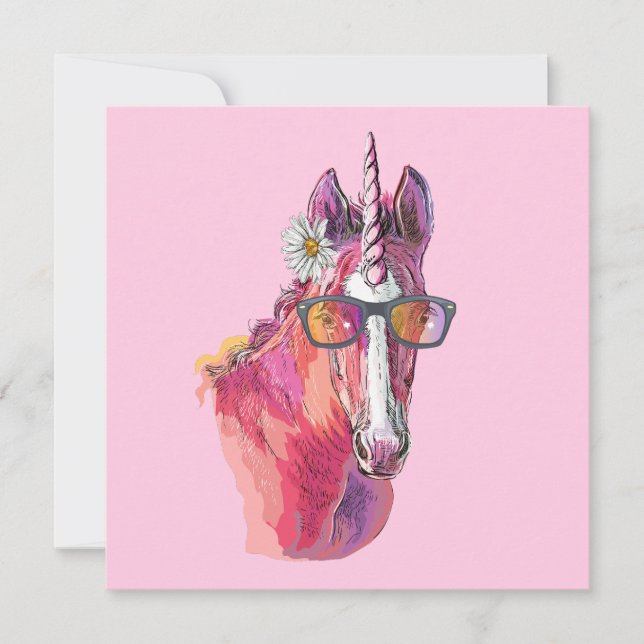Invitation Autocollant rond classique licorne rose dessinée à (Devant)
