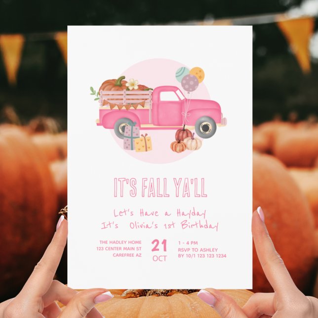 Invitation Automne 1er anniversaire Citrouille Pink Truck (Créateur téléchargé)