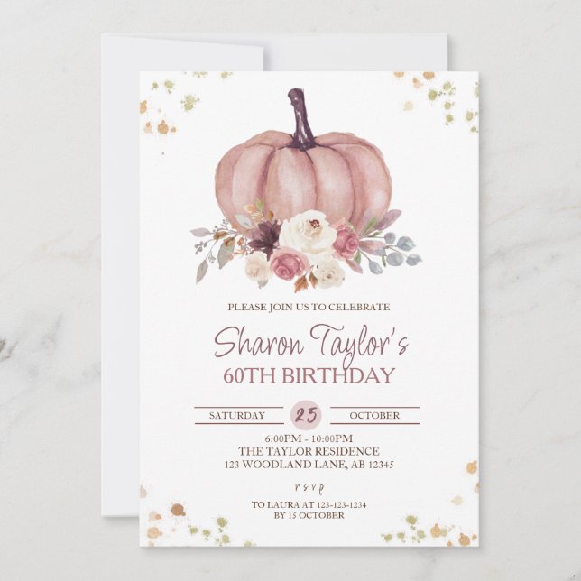 Invitation Automne 60e anniversaire, Citrouille floral Annive (Devant)