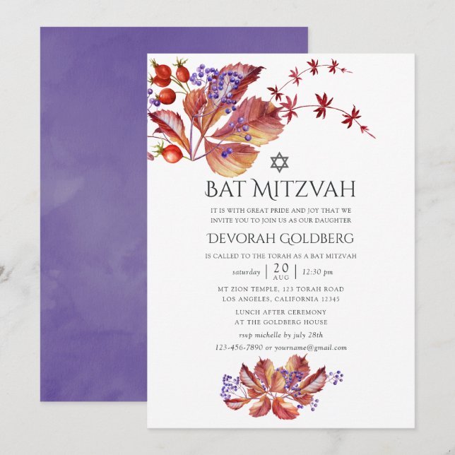 Invitation Automne - Aquarelle feuilles Bar Mitzvah (Devant / Derrière)