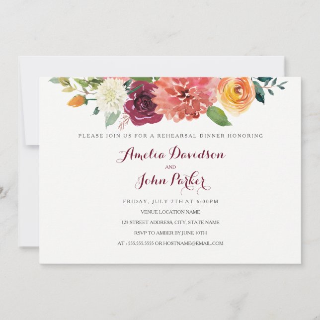 Invitation Automne Aquarelle Floral Mariage Dîner de répétiti (Devant)