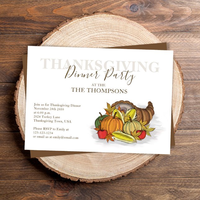 Invitation Automne Aquarelle Thanksgiving Dîner Personnalisé (Thanksgiving cornucopia invitation with watercolor turkey and fall foliage. )