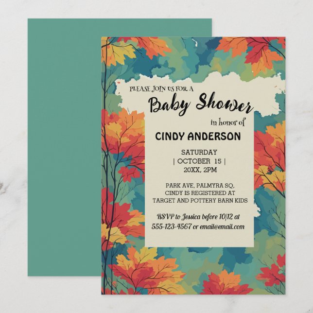Invitation Automne automne aquarelle baby shower floral (Devant / Derrière)