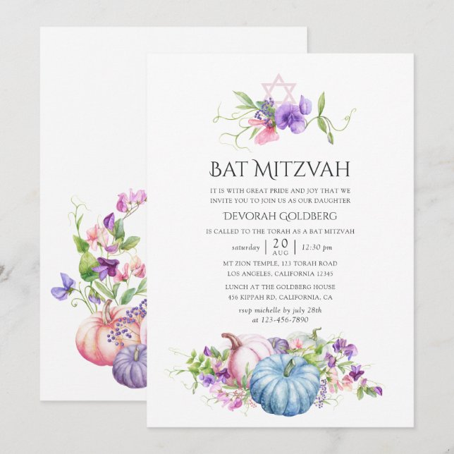 Invitation Automne - Automne Bat mitzvah floral (Devant / Derrière)