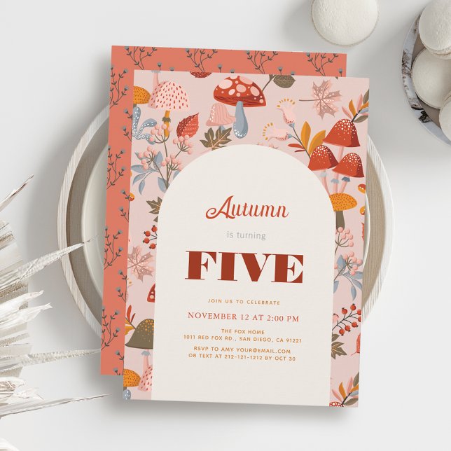 Invitation Automne/Automne Champignons et Fleur sauvage rose  (Créateur téléchargé)