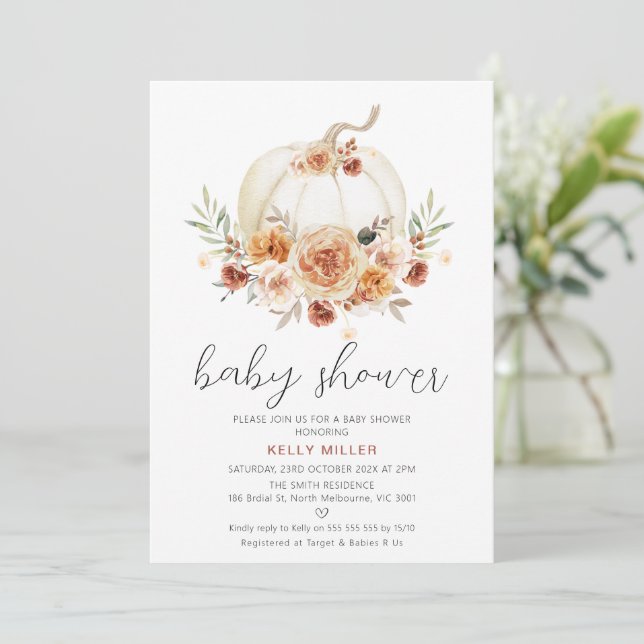 Invitation Automne Automne Citrouille Floral Baby shower  (Debout devant)
