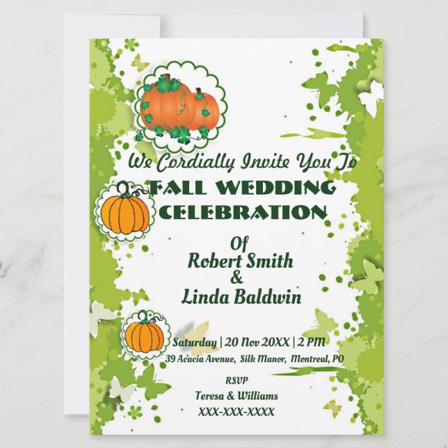 Invitation Automne Automne Citrouille orange Mariage vert (Devant)