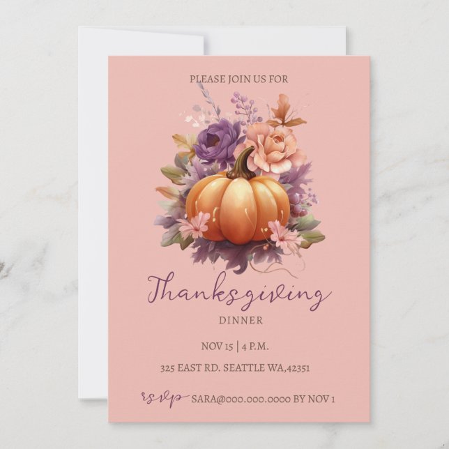 Invitation Automne Automne Floral Citrouilles Thanksgiving Dî (Devant)