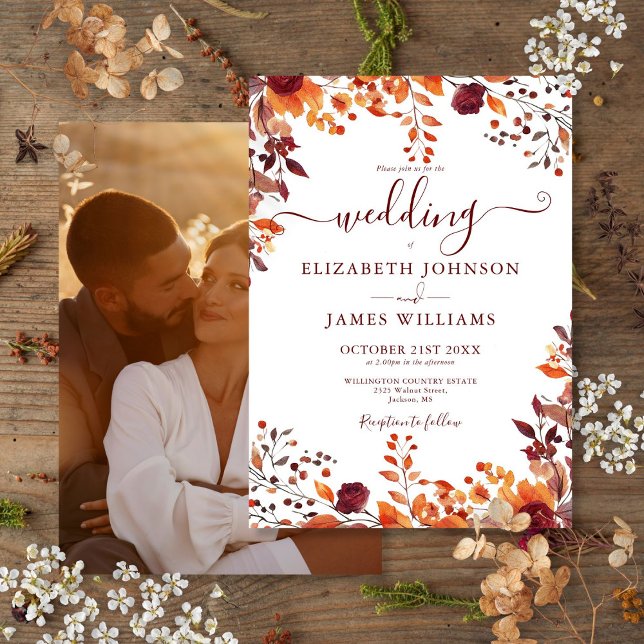 Invitation Automne Automne Floral Feuille Mariage photo (Autumn Fall Floral Leaves Photo Wedding Invitation)