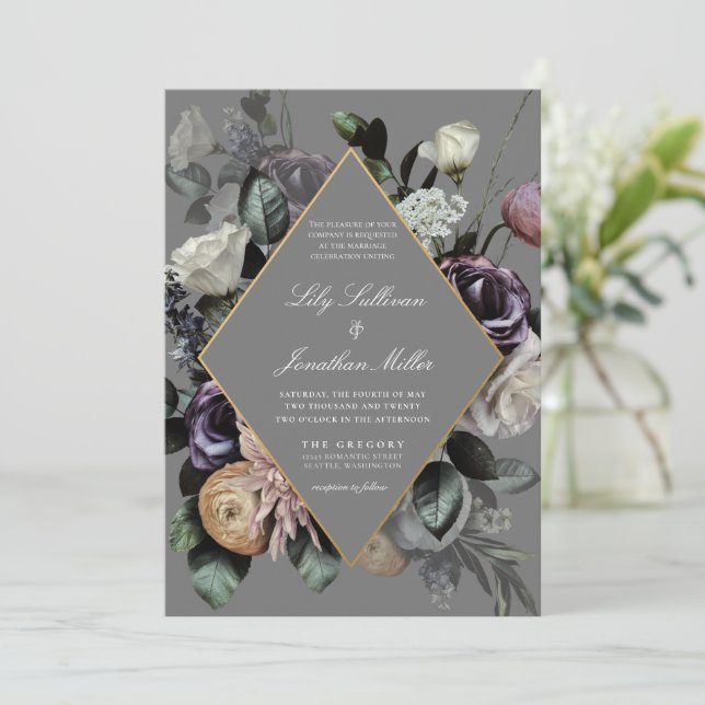 Invitation Automne Automne Moody Floral Frame Purple Grey Mar (Debout devant)