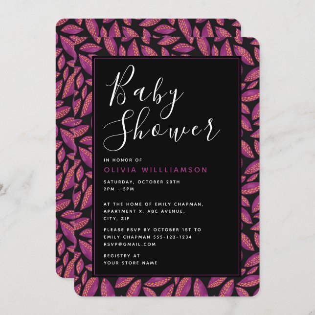 Invitation Automne Automne Purple Feuilles Baby shower Invita (Devant / Derrière)