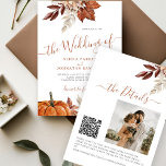 Invitation Automne automne QR code boho mariage botanique<br><div class="desc">Fleurs botaniques rustiques modernes, citrouille, feuillage et feuilles séchés faisant un budget d'automne chic abordable tout en un faire-part de mariage avec un script de calligraphie à la mode écriture manuscrite et une palette de couleurs beiges terre cuite. Personnalisez-le avec votre photo et votre code QR sur votre site Web...</div>