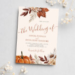Invitation Automne automne QR code boho mariage botanique<br><div class="desc">Fleurs botaniques rustiques modernes, citrouille, feuillage et feuilles séchés faisant un budget d'automne chic abordable tout en un faire-part de mariage d'ivoire crème avec un script de calligraphie à la mode écriture manuscrite et une palette de couleurs beiges terre cuite. Personnalisez-le avec votre photo et votre code QR sur votre...</div>