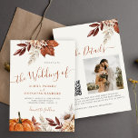 Invitation Automne automne QR code boho mariage botanique<br><div class="desc">Fleurs botaniques rustiques modernes, citrouille, feuillage et feuilles séchés faisant un budget d'automne chic abordable tout en un faire-part de mariage blanc avec un script de calligraphie à la mode écriture manuscrite et la palette de couleur beige terre cuite. Personnalisez-le avec votre photo et votre code QR sur votre site...</div>