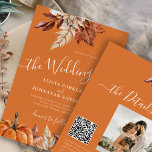 Invitation Automne automne QR code botanique rouille orange m<br><div class="desc">Moderne boho aquarelle botanique fleurs, citrouille, feuillage et feuilles séchés faisant un budget d'automne chic abordable tout en un faire-part de mariage avec un script de calligraphie à la mode écriture manuscrite et terre terre terracotta rouille brûlé orange et beige palette de couleurs. Personnalisez-le avec votre photo et votre code...</div>