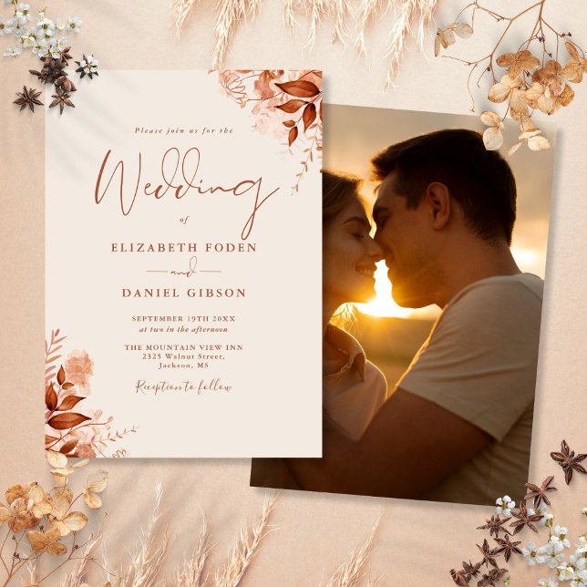 Invitation Automne Automne Rustique Floral Photo Terracotta M (Autumn Fall Rustic Floral Photo Terracotta Wedding Invitation)