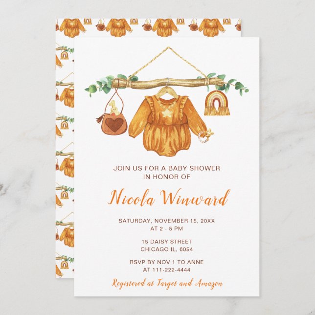 Invitation Automne Automne Vêtements Ligne Fille Baby shower (Devant / Derrière)