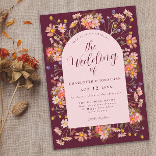 Invitation Automne aux fleurs sauvages, bordeaux et rose blus