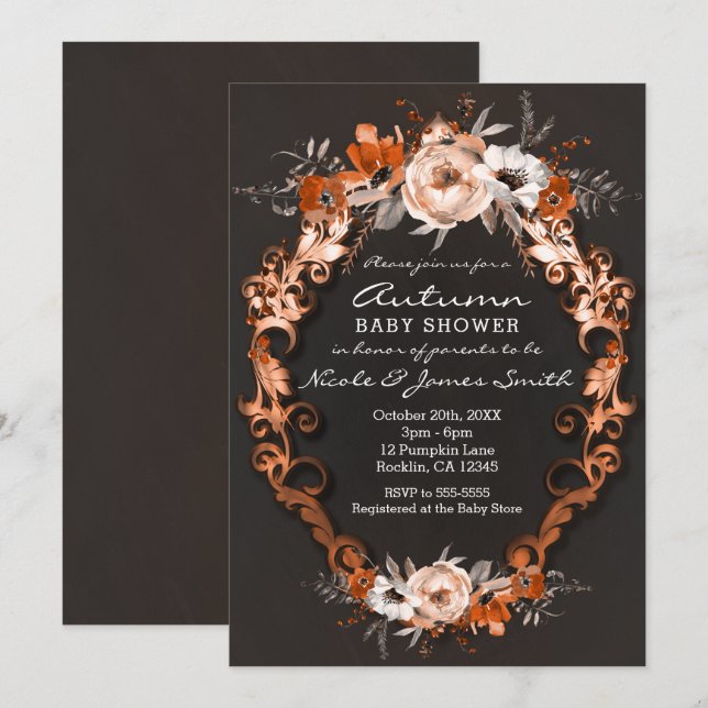 Invitation Automne Baby shower d'automne Orange Floral Fleurs (Devant / Derrière)