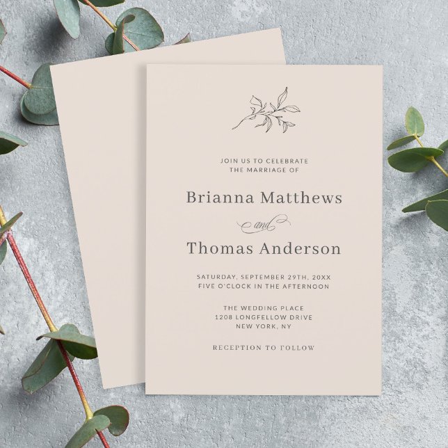 Invitation Automne Beige Simple Mariage élégant (Simple elegance, this wedding invitation in neutral autumn beige with a subtle leafy branch.)