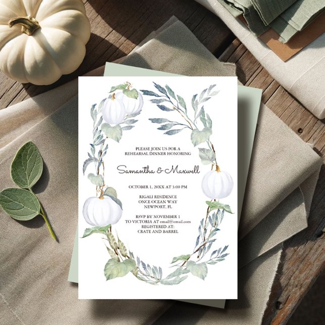 Invitation Automne BLANC CITROUILLE Dîner de répétition (White pumpkin rehearsal dinner invitations for fall weddings by VG Invites)