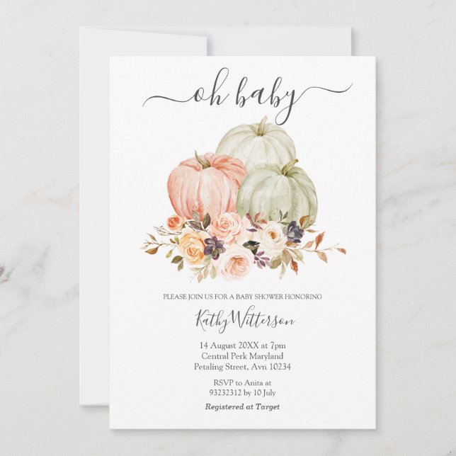 Invitation Automne Blanc Citrouille Floral Baby shower Invita (Devant)