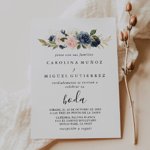 Invitation Automne Bleu Bleu Fleurs Rose Boda Mariage