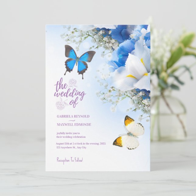 Invitation Automne Bleu Nature Papillon Hydrangea Mariage (Debout devant)
