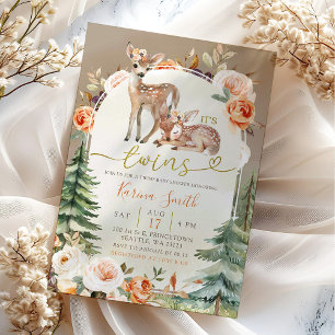 Invitation Automne Boho Deer Twins Girl Floral Baby shower