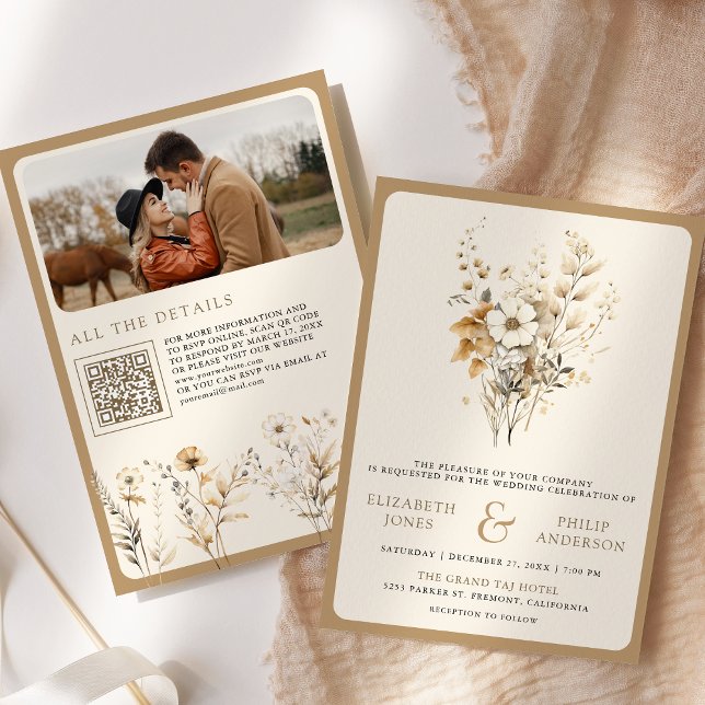 Invitation Automne Boho Fleur sauvage photo QR Code Mariage (Créateur téléchargé)