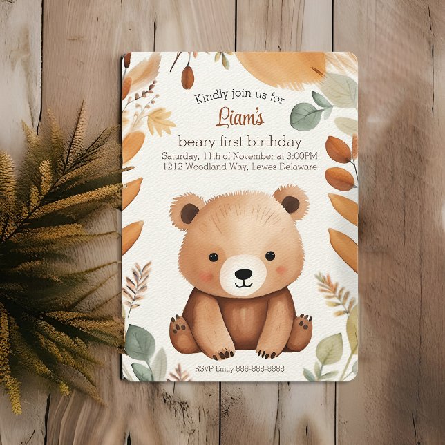 Invitation Automne Bois Ours Bébé Aquarelle 1er Anniversaire (Adorable baby bear Fall watercolor 1st birthday invitation)