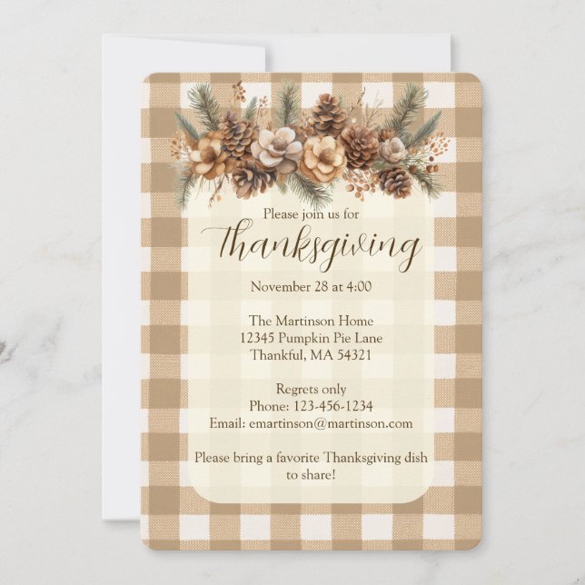 Invitation Automne Botanique Woodland Brown En vichy Thanksgi (Devant)
