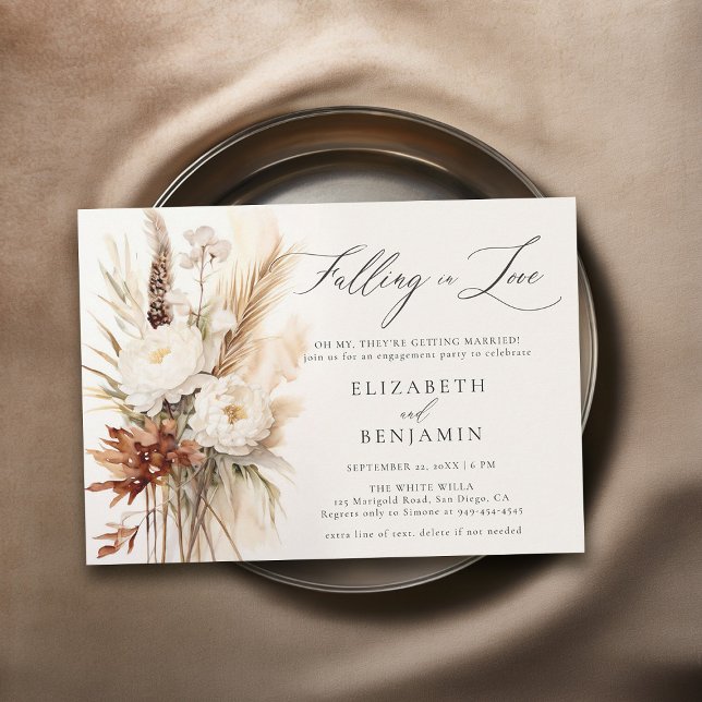 Invitation Automne Bouquet romantique Boho Peony Engagement P (fall engagement party invitation falling in love peony pampas rust burnt orange watercolor)